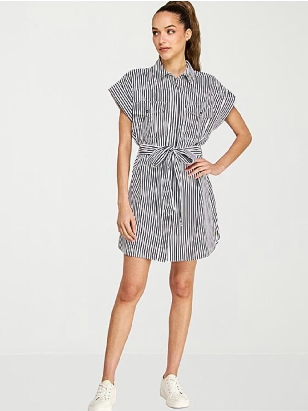 Striped Short Sleeve Shirt Dress with Tie Waist - Black/White